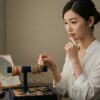 どちらの手に着けるか悩む日本人女性とバングルが並ぶおしゃれなジュエリーボックス。
