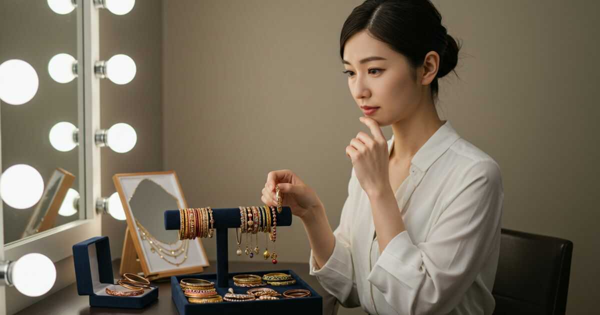 どちらの手に着けるか悩む日本人女性とバングルが並ぶおしゃれなジュエリーボックス。