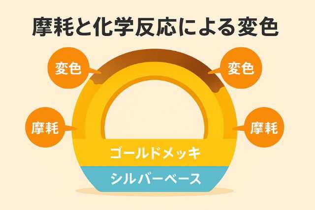 汗や化粧品がシルバー925ゴールドリングに与える影響のイラスト