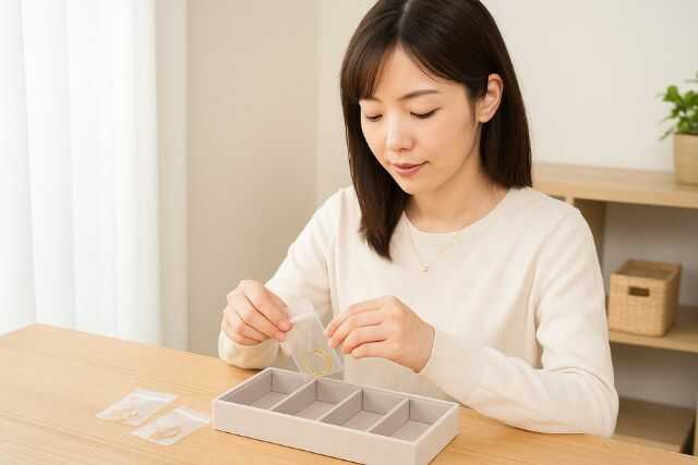 シルバー925ゴールドアクセを丁寧に保管する日本人女性の様子