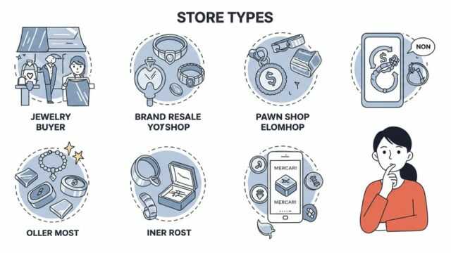 買取店の種類を示すアイコンと、それを見比べる人物のイラスト