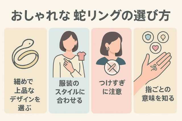 蛇リングをおしゃれに着けるためのポイントを示した図解