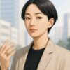 蛇の指輪を着けた日本人が街中でおしゃれに立つリアルなイラスト