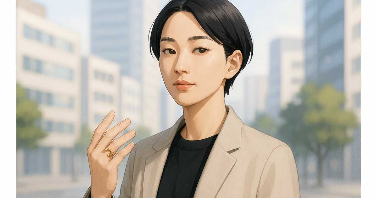 蛇の指輪を着けた日本人が街中でおしゃれに立つリアルなイラスト