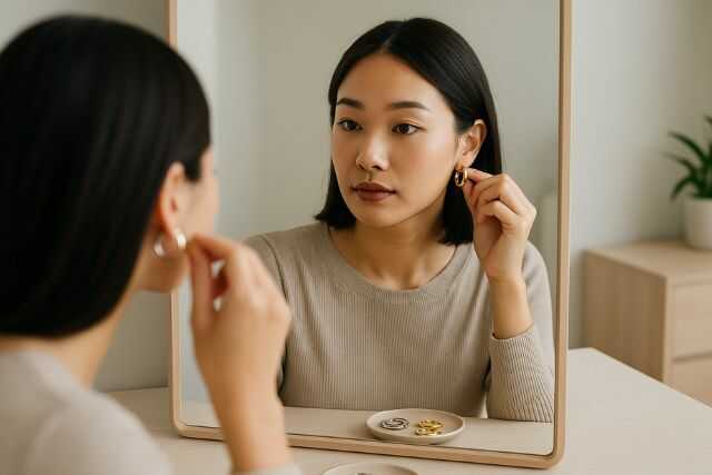自宅でトムウッドのピアスを試着する日本人女性。鏡の前でサイズや色を選んでいる