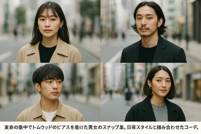 東京の街中でトムウッドのピアスを着けた男女のスナップ集。日常スタイルと組み合わせたコーデ。