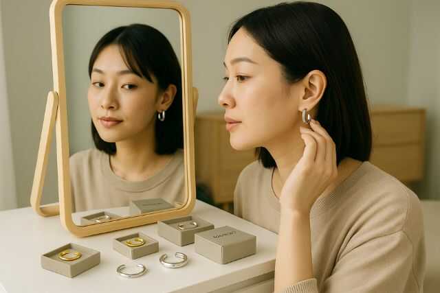 トムウッドのジュエリーが並ぶ部屋で、鏡に映る自分のピアス姿を確認する日本人。満足そうな表情。