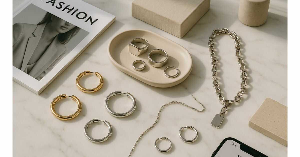トムウッドのピアス、リング、ネックレスを白い大理石の上に並べたおしゃれなフラットレイ。北欧風の小物と雑誌が添えられている。